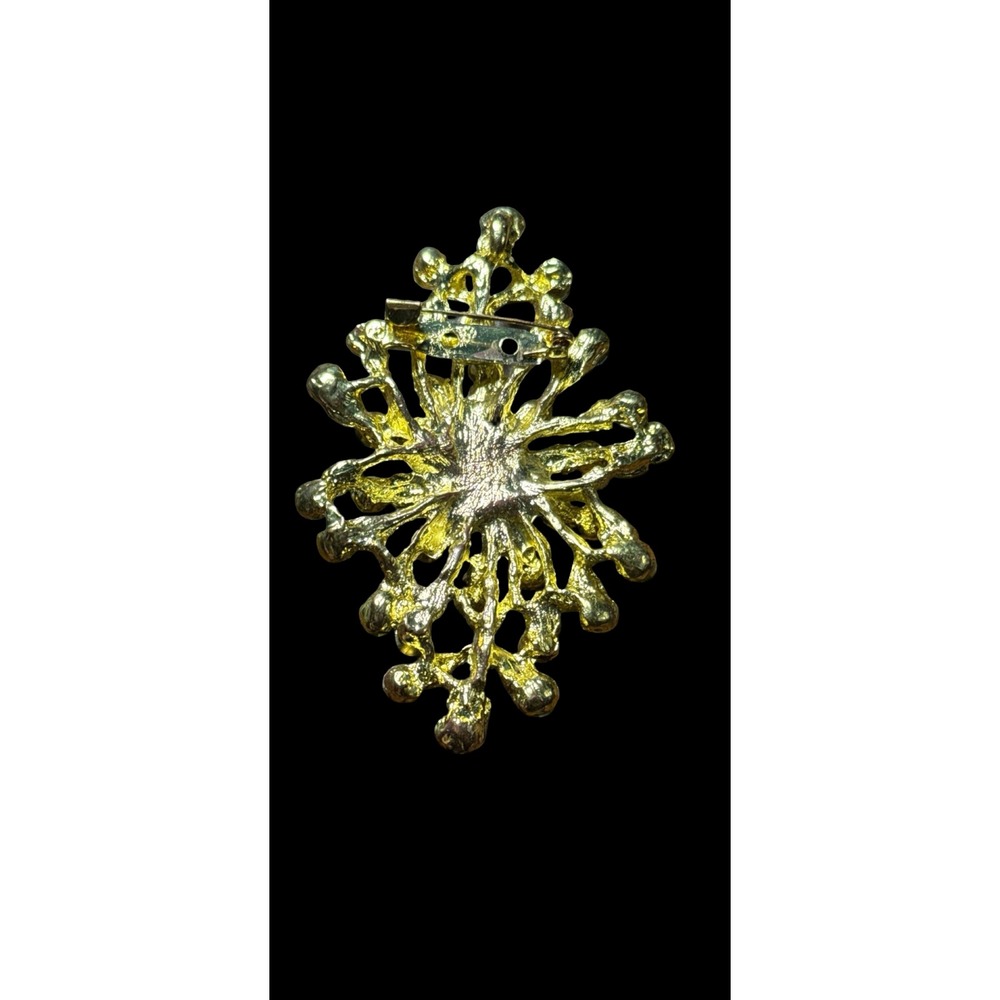 Vintage 1960s Green Rhinestone Atomic Burst Brooch Gold Tone Swedged Mid Century - Picture 5 of 5